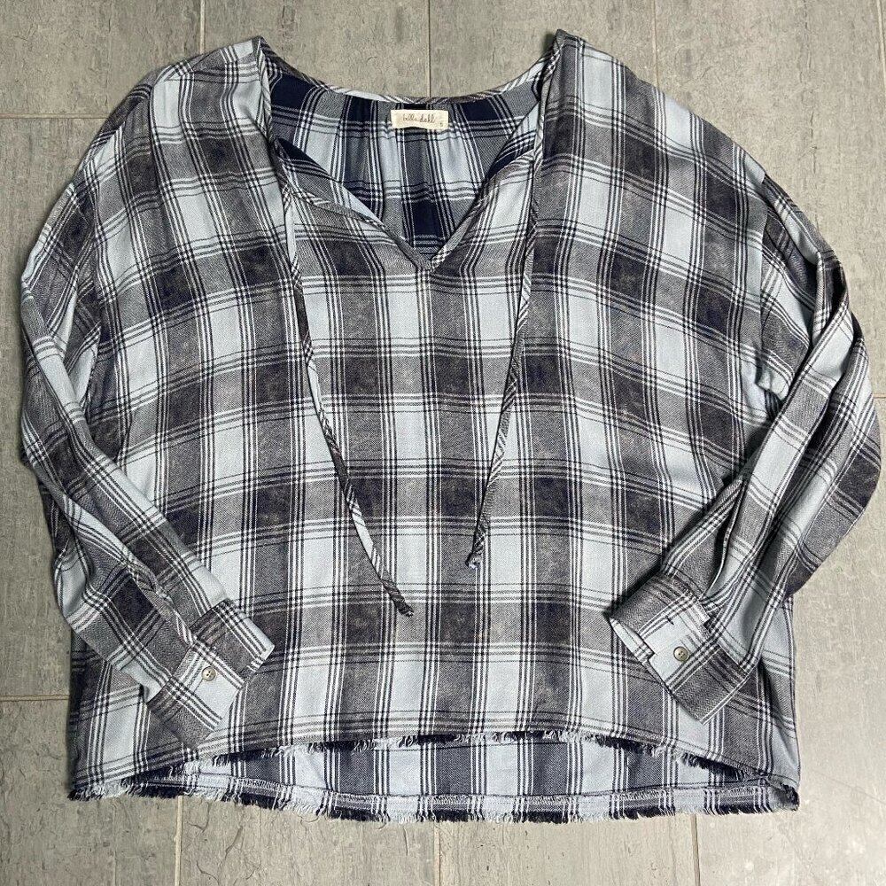 Bella Dahl Plaid Flannel V-Neck Tunic Top Oversized Cozy Soft Blue Grey Sz Small